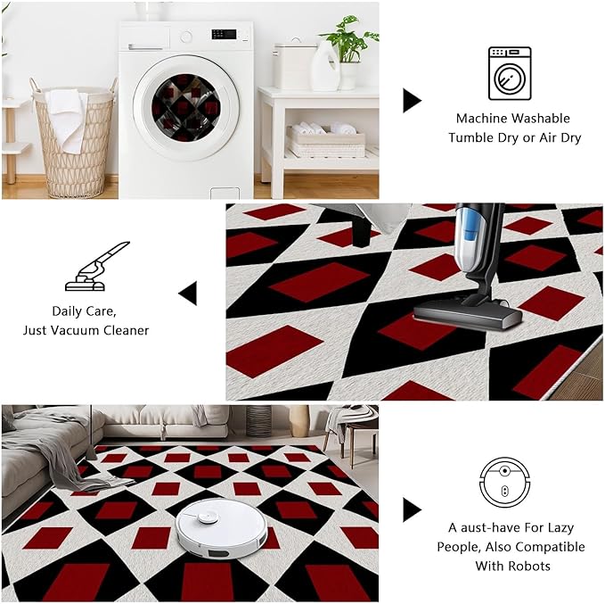 Plaid Rug 5x8, Vintage Geometric Soft Ultra Soft Faux Wool Low Pile Rug, Indoor Floor Mats Carpet, Non-Slip Stain Resistant Washable Rugs, Modern Red Rugs for Living Room Home Office Decor