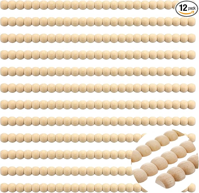 Nuanchu 12 Pcs Decorative Beaded Wood Trim Molding Half Wooden Beads Bobbin Trims 15.75 Inch Unfinished 3D Pearl Paintable Wood Molding for DIY Crafts Home Wall Cabinet Shelf Window Door (20 mm)