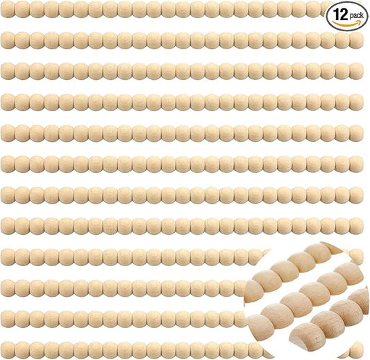Nuanchu 12 Pcs Decorative Beaded Wood Trim Molding Half Wooden Beads Bobbin Trims 15.75 Inch Unfinished 3D Pearl Paintable Wood Molding for DIY Crafts Home Wall Cabinet Shelf Window Door (20 mm)