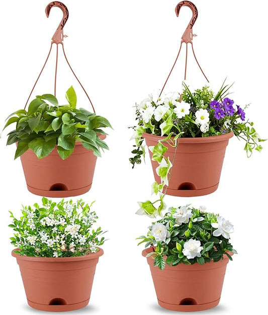 4 Pack Hanging Planters, 10 Inch Hanging Plant Pot with Hanger Chain & Drainage Trays, Hanging Baskets for Plants Outdoor Indoor, Plastic Flowers Pots for Home, Garden Decor (Terracotta Red)