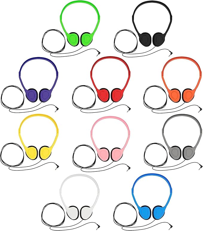 Maeline Bulk Classroom Student Headphones On Ear Stereo Headphones Flexible Adjustable Band for Kids Online Learning, Library, School, Airplane, Travel - 3.5mm Plug - 400 Pack - Multi