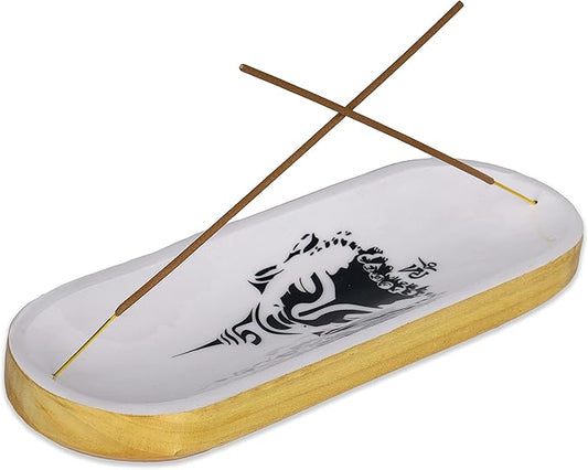 Bless-International Traditional-Handmade-Tray-Burner Wooden-Trat-Incense-Stick-Holder Ash-Catcher-Stand for-Aromatherapy-Meditation-Yoga (Black & White Buddha, 11x4x1.22 Inches)
