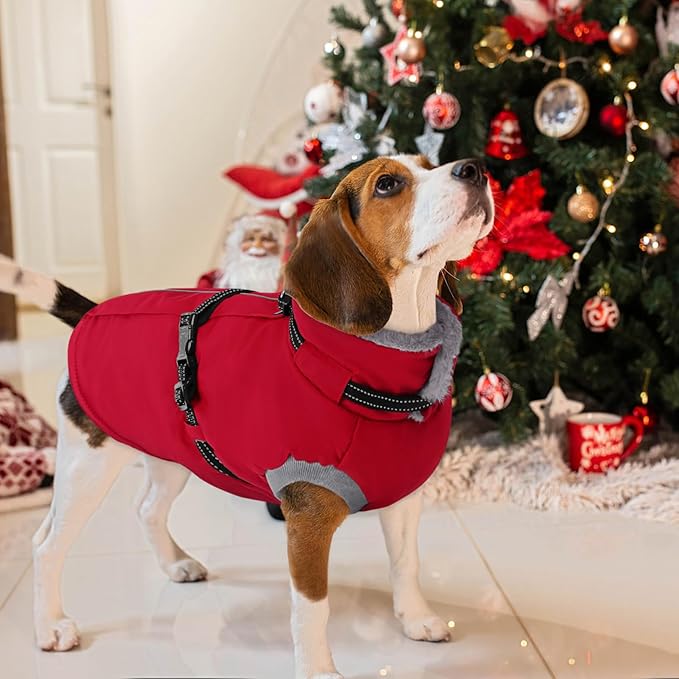 AOFITEE Small Dog Coat with Harness Built in, Fleece Dog Winter Jacket, Reflective Puppy Winter Coat with Zipper On Back, Warm Turtleneck Pet Sweater Windproof Puffer Jacket for Chihuahua, Yorkie, XS