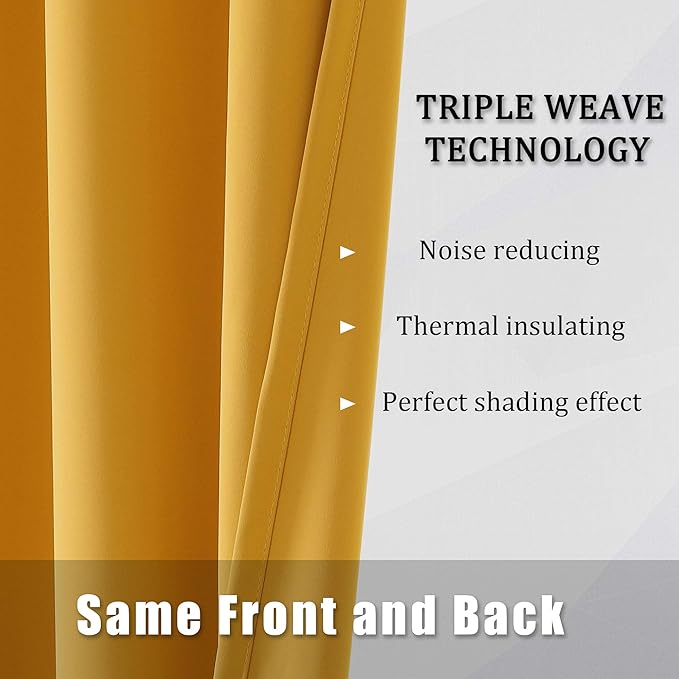 DUALIFE Yellow Curtains 108 Inches Long 2 Panels Blackout Curtain Panels for Bedroom Room Darkening Gold Solid Window Drapes for Living Room Thermal Insulated Grommet Top 60Wx108L