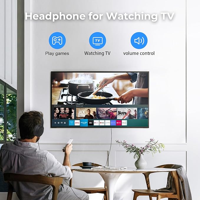 Long Cord Tv Headphones for Seniors with Volume Control Wired Over The Ear Headphone Corded Extra Long Cord Length Universal 3.5mm AUX Audio(10FT)
