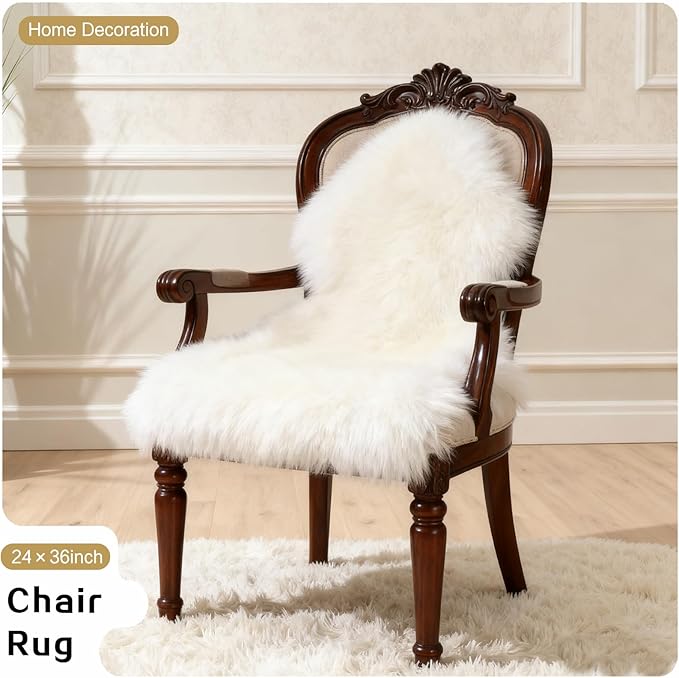 White Faux Fur Sheepskin Area Rug for Living Room Bedroom, 6 x 6 Feet Ultra Soft Shaggy Fuzzy Furry Carpet Chair Throw Large Rugs for Kids, Girls, Nursery Room Decor Dorms