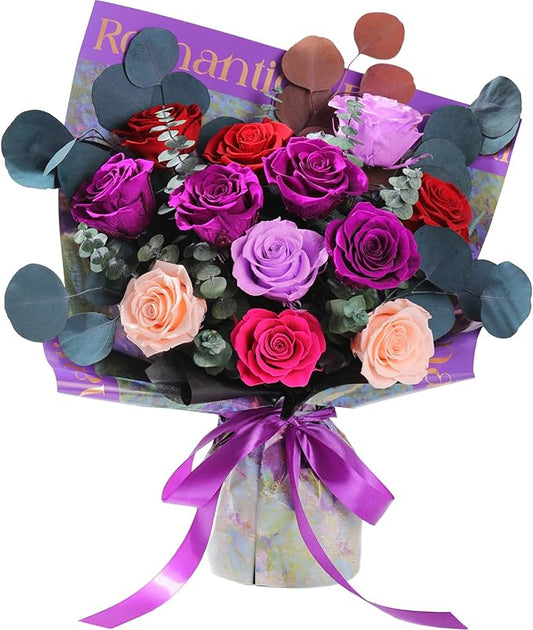 Lovenfold Flowers for Delivery Birthday Flowers Gift for Her,Preserved Flowers Bouquet 12 Roses Mixed Bouquet,Rose Gifts for Women Mom Grandma(Mixed 12 Purple-A Roses)
