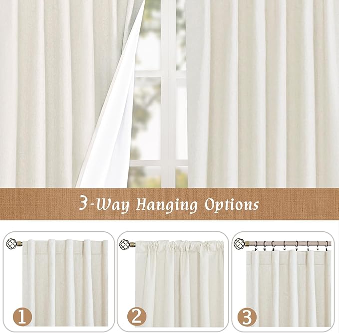 LAMIT Linen 100% Blackout Window Curtains for Bedroom, 45 Inches Linen Textured Thermal Farmhouse Curtains Back Tab and Rod Pocket Window Panels with White Liner, 2 Panels, 52 x 45 Inch, Ivory