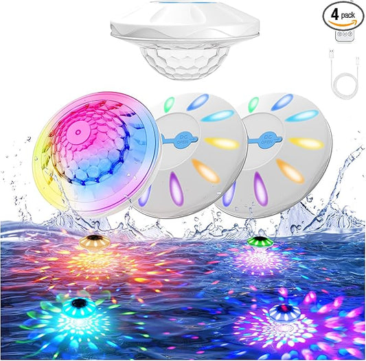 Floating Pool Lights, Rechargeable Pool Lights with Remote, 4000mAh IP68 Waterproof 6 Dynamic Lighting Effects Upper and Lower RGB Color Changing Floating Hot Tub Light for Bath Pond 4 Pack