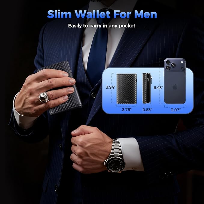 Mrain Mens Slim Minimalist Wallet Card Holder with Coin Pocket, Cash Slot, Magnetic Closure, Pop Up Aluminum Case, ID Window, Leather Wallet, RFID Blocking, 9-13 Card Capacity (Carbon Black)