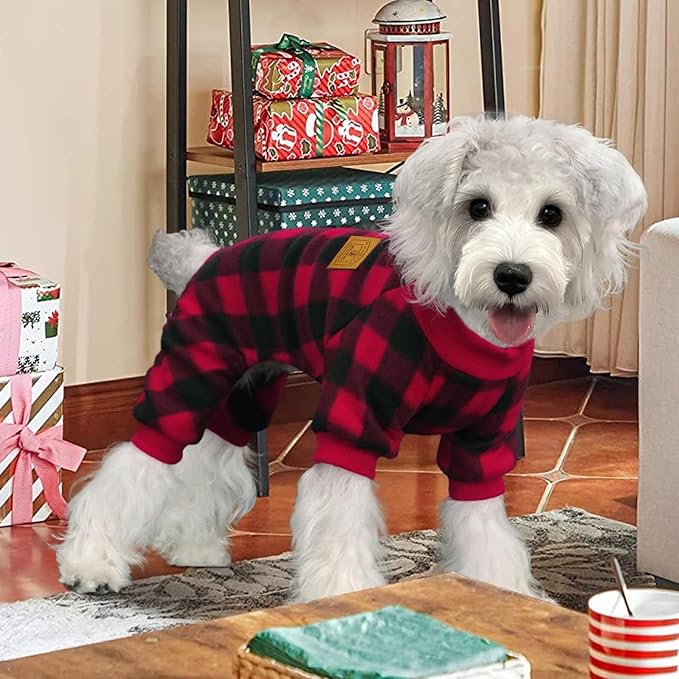XPUDAC Dog Christmas Pajamas Plaid Doggie Clothes for Small Medium Dogs Girl Boy Fleece Dog Sweater for Winter Christmas(Small)