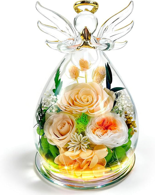 MOKOQI Valentines Day Gift for Her Birthday Gifts for Women | Forever Rose Preserved Flower in Glass Flowers for Delivery, Real Rose Angel Figurine for Mom Grandma Mother’s Day Christmas Gifts