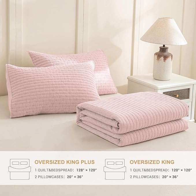 Sanracie Stonewashed Cotton Coverlet Oversized King(128"x120"), Light Pink Ultra Soft Crinkle Extra Large Wide Oversized Quilt Sets Lightweight Cross Stitch Bedspread Set 3Pcs for All Season