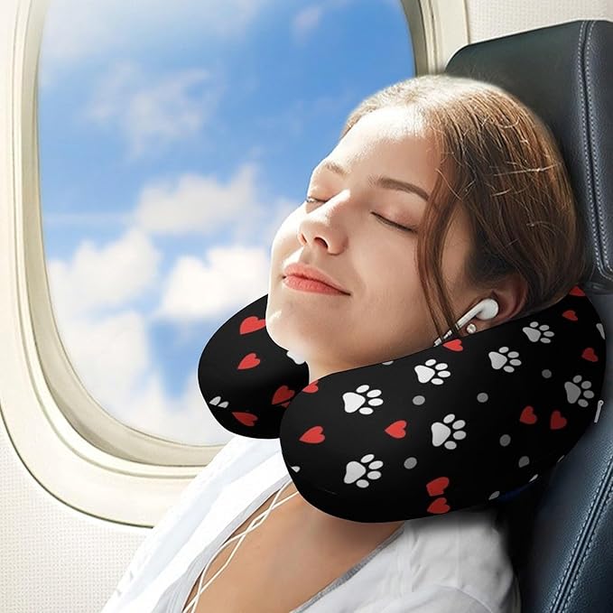 Memory Foam Travel Pillow Paw Prints and Hearts On Black, Breathable Chin Head Support, Washable Zip Cover for Airplane Car Office Pain Relief