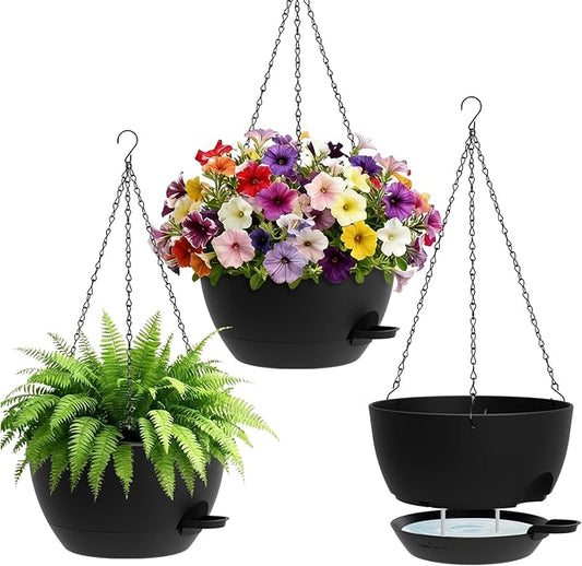 Set of 3-10 Inch Self Watering Hanging Planters for Indoor & Outdoor，Hanging Plant Pots with Drainage & Removable Tray, Modern Hanging Pots Holder for Ivy, Spider Plants, Ferns, Balcony & Patio, Black
