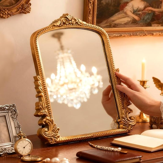 YUSONG Vintage Gold Mirror for Desk - 12" Vanity Mirrors with Resin Frame Decorative Wall Art for Tabletop Living Room Retro Decor