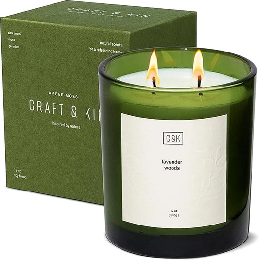 Craft & Kin Lavender Scented Candles | 12oz Premium Lavender Woods Winter Scented Candles for Men and Women | Candles Made with Natural Soy | Nature Collection