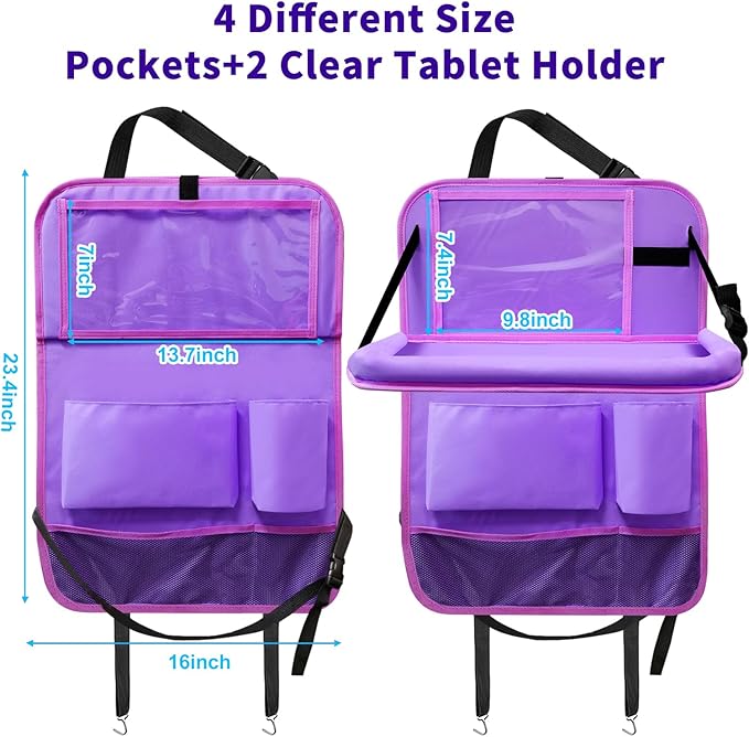 Etre Jeune Car Backseat Organizer with Tray, Seat Back Table Holder with 6 Storage Pockets, Car Seat Back Protectors Kick Mats Travel Accessories, 1 Pc Purple