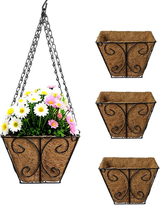 3-Pack Hanging & Wall-Mounted Plant Baskets with Natural Coconut Fiber Liner, Decorative Planters for Home Garden Patio Yard (3Pack SquareHanger, 8Inch)