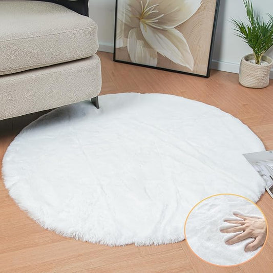 White Faux Fur Round Rug 4ft Fluffy Rabbit Fur Rug Machine Washable Circle Area Rugs for Living Room Bedroom Home Teen Room Nursery Décor