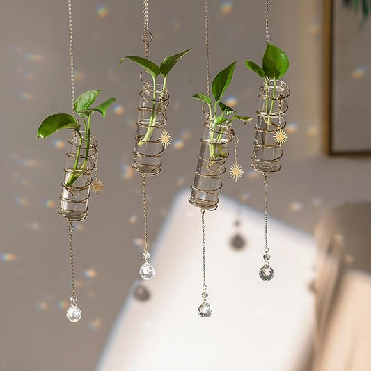 Glasseam Hanging Propagation Stations with Crystal Suncatchers Glass Wall Planters for Indoor Plants Hydroponics - 4Pcs Propagation Tubes Jars with Metal Chain for Home Decor - Unique Gift for Women