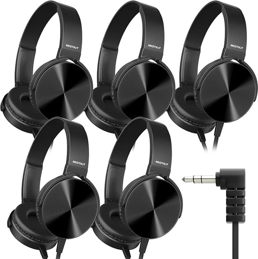 5 Pack Wired Bulk Kids Headphones for School Classroom K-12,On Ear with 3.5mm Jack, 4ft Tangle Free Cable,Ideal for Chromebook,Computer,Laptop (HTC004 Black)