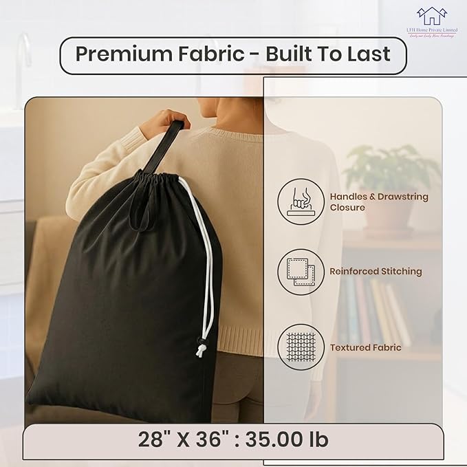LFH Home Large Premium Cotton Canvas Laundry Bag with Drawstring and Handles Heavy Duty, Multi-Use, and Washable for Home, Travel, College or Storage 28x36 (Pack of 2)-Black