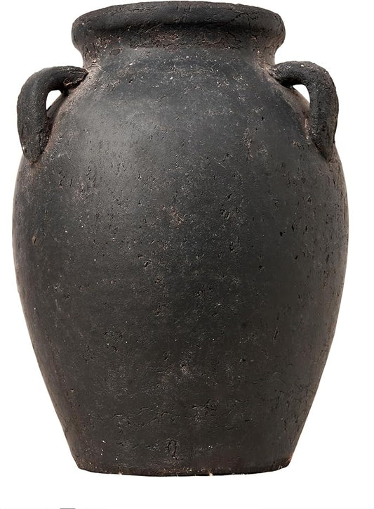Terracotta Vase with 3 Ear | Handmade Black Ceramic Pottery 9.5'' Tall | Large Distressed Unique Vintage Vase | Rustic Farmhouse Pottery for Flowers | Textured | Wide Mouth | Centerpieces.