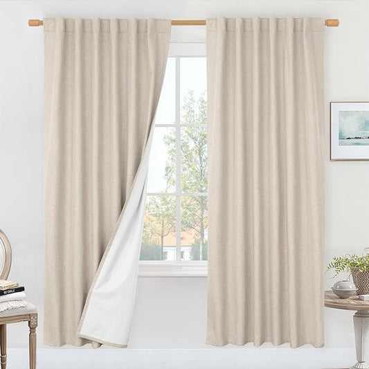 LAMIT 100% Blackout Oatmeal Linen Curtains, 80 Inches Linen Textured Thermal Bedroom Drapes Back Tab and Rod Pocket Neutral Panels with White Liner for Living Room, 2 Panels, 52 x 80 Inch