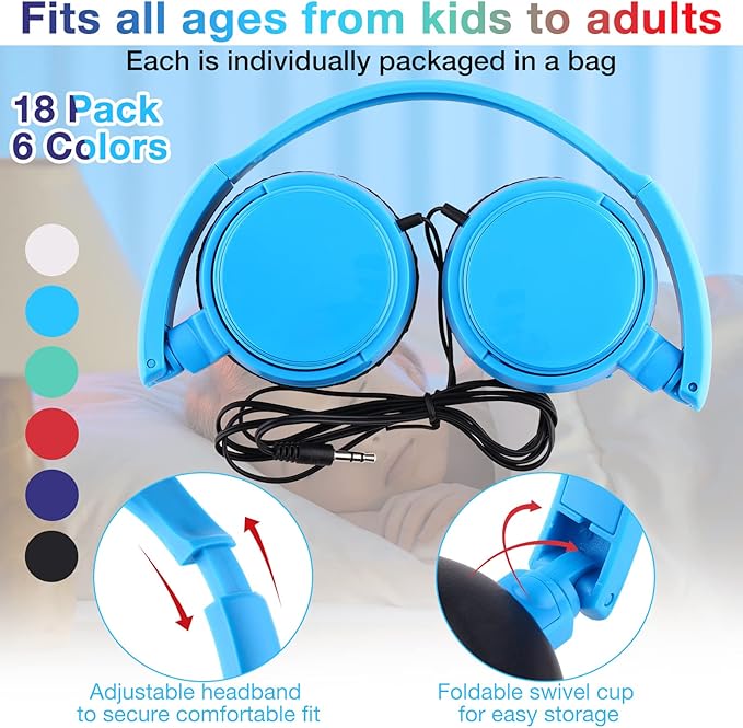 Yunsailing 18 Pack Classroom Headphones Bulk Student Wired Class Headphones Set for School with Individually Wrapped Adjustable Over Ear Head Earbuds (Multicolor)