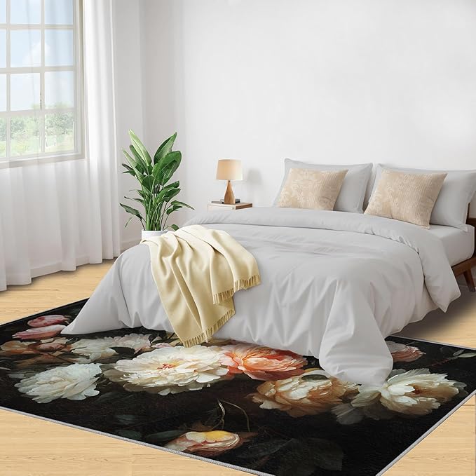 Flowers 4x6 Area Rugs for Living Room Peony Washable Rug Rustic Flowers Rug Non Slip Low Pile Soft Area Rugs for Bedroom Bedside Dining Room Kids