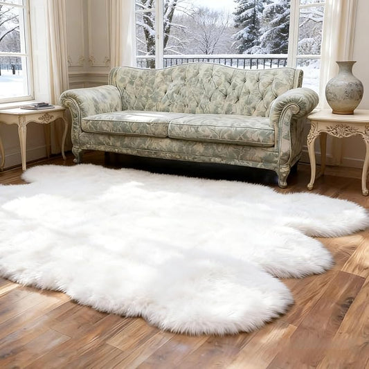 White Faux Fur Sheepskin Area Rug for Living Room Bedroom, 6 x 6 Feet Ultra Soft Shaggy Fuzzy Furry Carpet Chair Throw Large Rugs for Kids, Girls, Nursery Room Decor Dorms