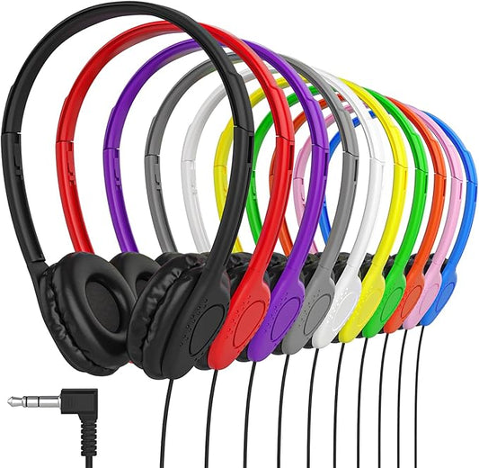 Maeline Bulk Classroom Student Headphones On Ear Stereo Headphones Adjustable Band & Faux Leather Cushions for Kids Online Learning, Library, School, Travel - 3.5mm Plug - 200 Pack - Multi Colors