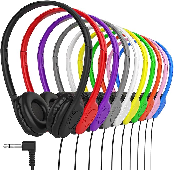 Maeline Bulk Classroom Student Headphones On Ear Stereo Headphones Adjustable Band & Faux Leather Cushions for Kids Online Learning, Library, School, Travel - 3.5mm Plug - 1000 Pack - Multi Colors