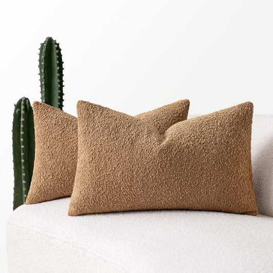 MIULEE 12x20 Inch Decorative Lumbar Throw Pillows for Bed Set of 2 Textured Boucle Neutral Winter Throw Pillow Covers Brown Accent Solid Vintage Pillowcases Sofa Livingroom Home Decor