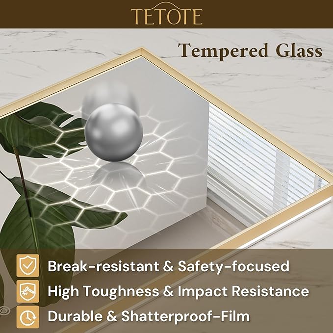 TETOTE 24 x 32 Backlit Bathroom Mirror Brushed Gold Metal Frame LED Light Vanity 3-Color White/Warm/Natural Stepless Dimmable Anti-Fog Backlight Mirror Wall-Mounted