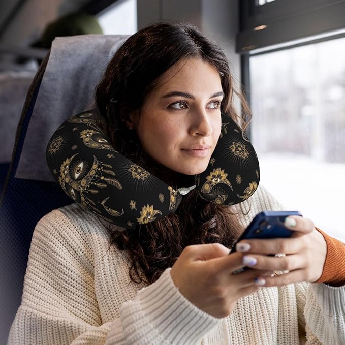 Neck Travel Pillow, Women Men Washable Airplane Car Pillows Mandala Boho Eyes Crescent Moon Sun Dream Catcher, Head Support Rest U Shaped Cushion Comfortable for Watching TV