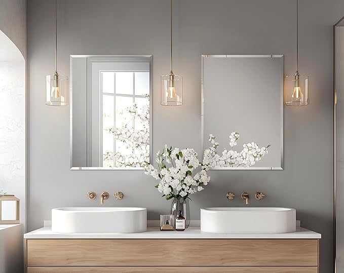 Frameless Rectangular Wall Mirror: Decorative Rectangle Mirrored Glass Vanity with Beveled Silver Edge for Bathroom Bedroom Livingroom Dining Room Entryway Hallway, 40 x 28 inch