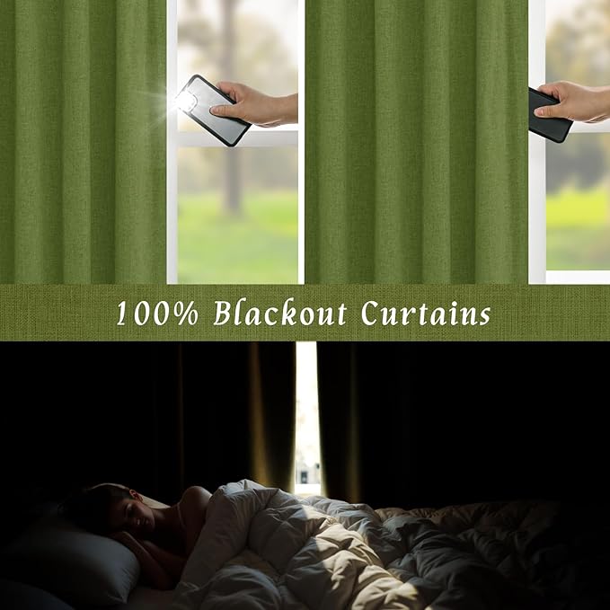 LAMIT Olive Green 100% Blackout Linen Curtains, 80 Inch Linen Textured Living Room Bedroom Drapes Room Darkening Back Tab and Rod Pocket Christmas Panels with White Liner, 2 Panels, 52 x 80 Inch