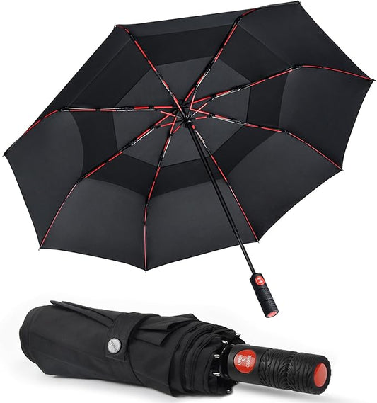 Lejorain Collapsible Umbrella Compact Travel - Portable Black Double Canopy Automatic Windproof Umbrella Folding Striking Red Reinforced Fiberglass Frame