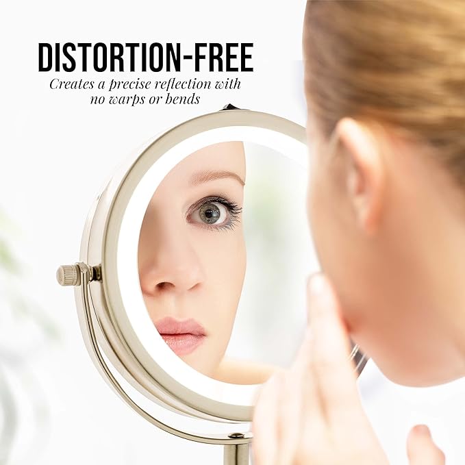 OVENTE Lighted Vanity Mirror 6 Inch Table Top 1X 7X Magnification LED 360 Adjustable Double Sided Spinning Personal Makeup Stand Desk Bathroom Battery Powered Round Large Nickel Brushed MLT60BR1X7X