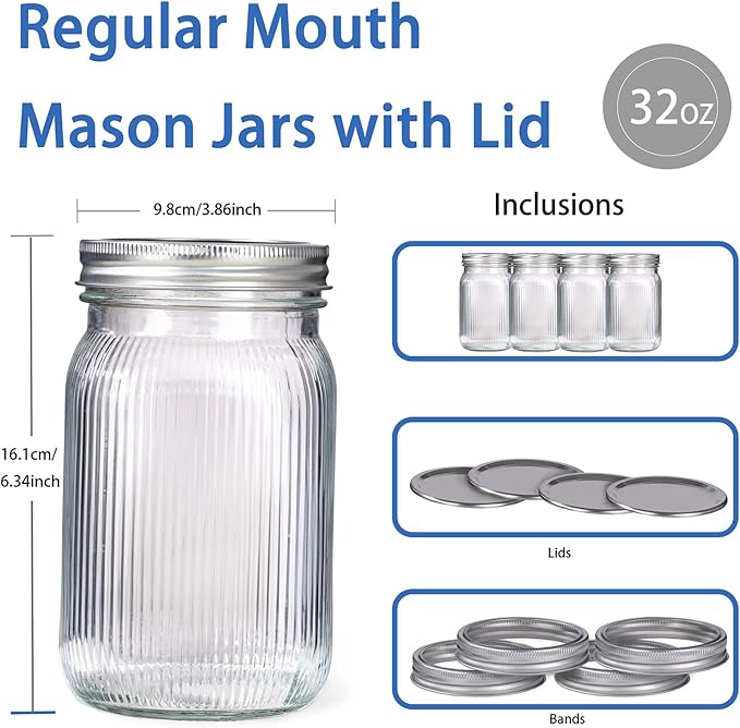 LUODA MirthMood 32 OZ Wide Mouth Mason Jars, 6 PACK Glass Mason Jars with airtight Lids, Quart mason jars wide mouth for Fermenting, Pickling, Freezing, Preserving, Meal Prep, Jar Décor