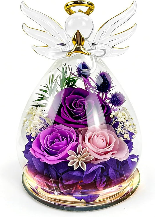 Purple Rose Valentines Day Gifts for Her Birthday Gifts for Women, Forever Rose in Glass Flowers for Delivery, Preserved Rose Angel Figurine for Mom Grandma, Mother’s Day Birthday Gifts