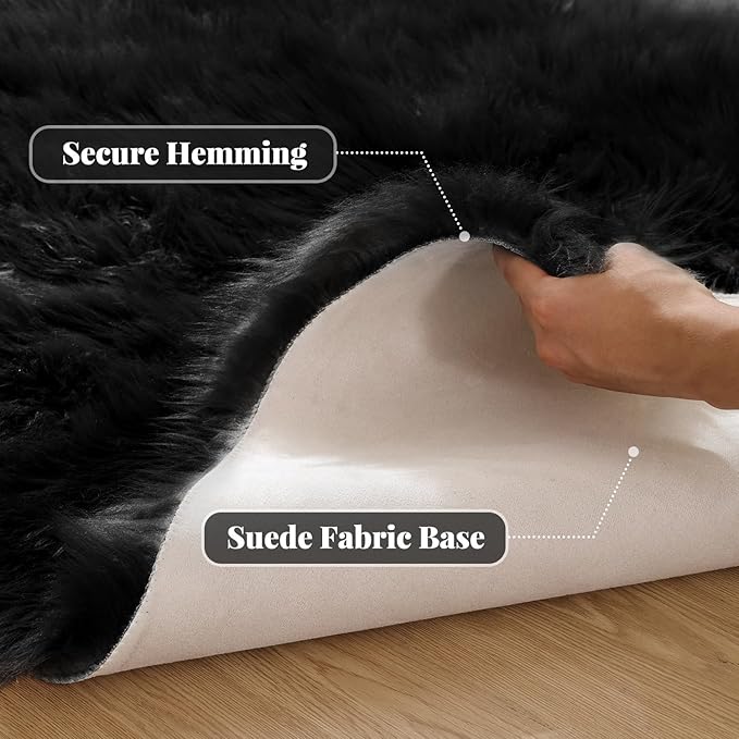 Washable Faux Fluffy Fur Round Area 6.6ft Rugs for Living Room Black Large Furry Rug for Bedroom Boho Circle Nursery Rug Teen Room Décor