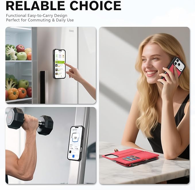 TUCCH Detachable Crossbody Wallet Case for iPhone 17 Pro 6.3", 9 Card Slots RFID Blocking | Stand | Lanyard Wrist Strap | Wireless Charging | Zipper Pocket | PU Leather Magnetic Flip Cover | Red