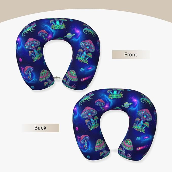 Neck Pillow Memory Foam Chin Cushion with Breathable Cover Trippy Mushrooms, Cute Airplane Car Pillows for Office Head Pain Relief