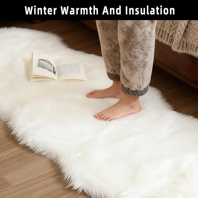 White Faux Fur Sheepskin Area Rug for Living Room Bedroom, 2 x 6 Feet Ultra Soft Shaggy Fuzzy Furry Carpet Chair Throw Runner Rugs for Kids, Girls, Nursery Room Decor Dorms