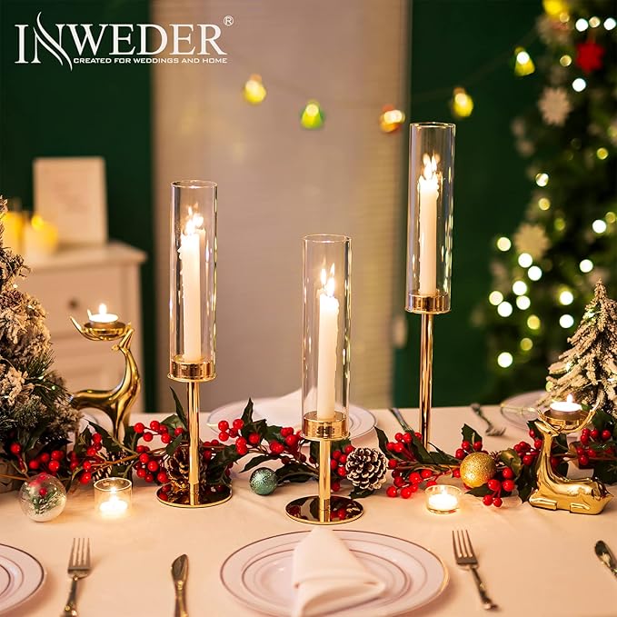 Hurricane Taper Candle Holders: Gold Glass Candlestick Holder Tall Candle Sticks Holder Decor with Glass Cover for Wedding Table Centerpiece Party Birthday Christmas Home Mantel Set of 3