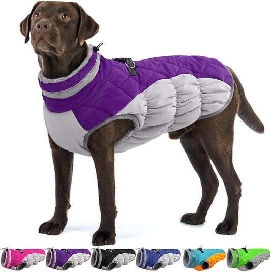 OUOBOB Dog Coats for Large Dogs,XL Dog Coat,Warm Fleece Winter Coat with D-Ring,Back Zipper Pet Jacket for Large Dogs,Waterproof Pet Snow Jacket Clothes Snowsuit Beagle Corgi Border Collie,Purple,XL