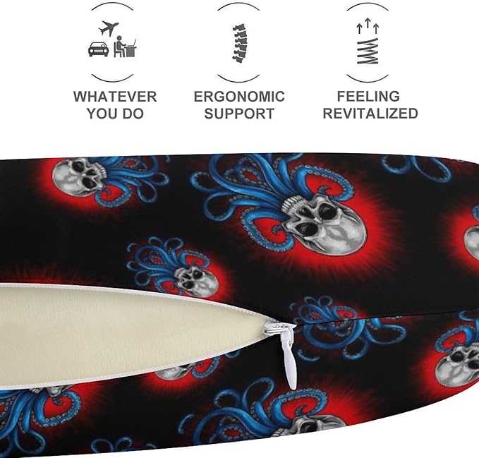 Youth Travel Neck Pillow Soft Memory Foam Chin Support Abstract Skull Octopus Tentacles, Washable Cover for Boys Girls Airplane Car School Rest
